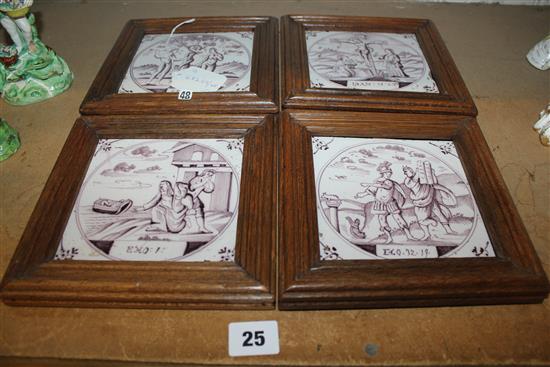 Four framed Dutch Delft tiles, 17/18C, manganese biblical decoration